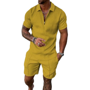 Kubsid Men 2 Piece Set Summer Casual Shirt Short Sleeve n Shorts yellow grey‎ XL